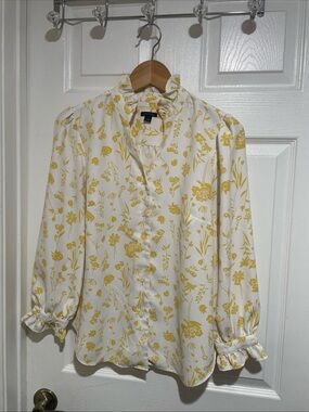Ann Taylor White and Yellow Floral Ruffle Neck Blouse